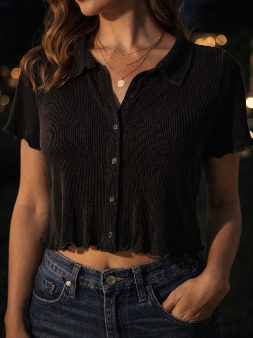 Colsie Ribbed Cropped Button Front Top XL Soft Flowy Lettuce Hem Black